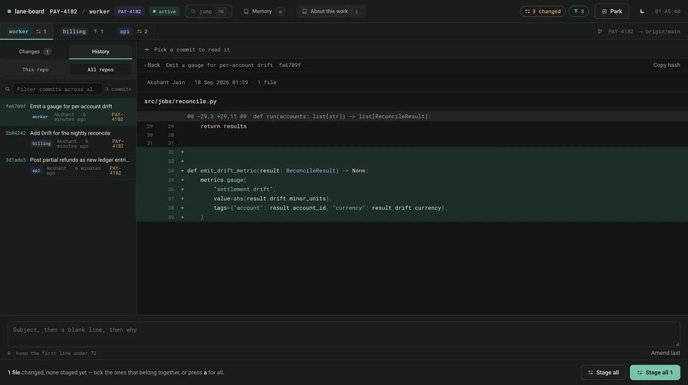 The board's history view showing commits from worker, billing-core and api interleaved in one timeline