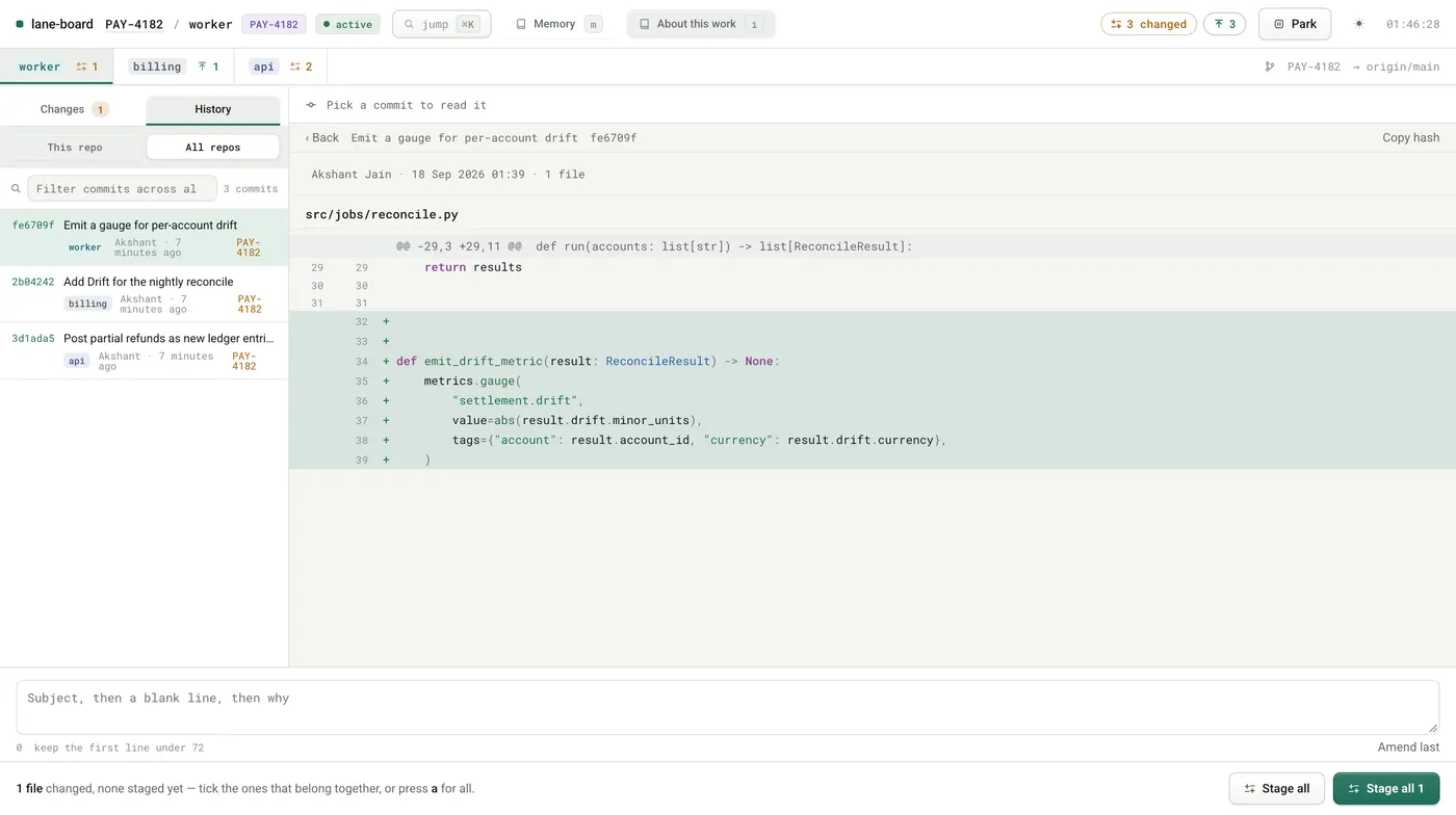 The board's history view showing commits from worker, billing-core and api interleaved in one timeline