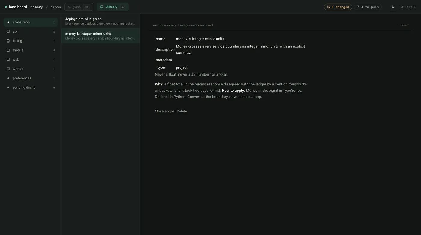The board's memory browser showing cross-repo and per-repo scopes, and one memory with its reasoning