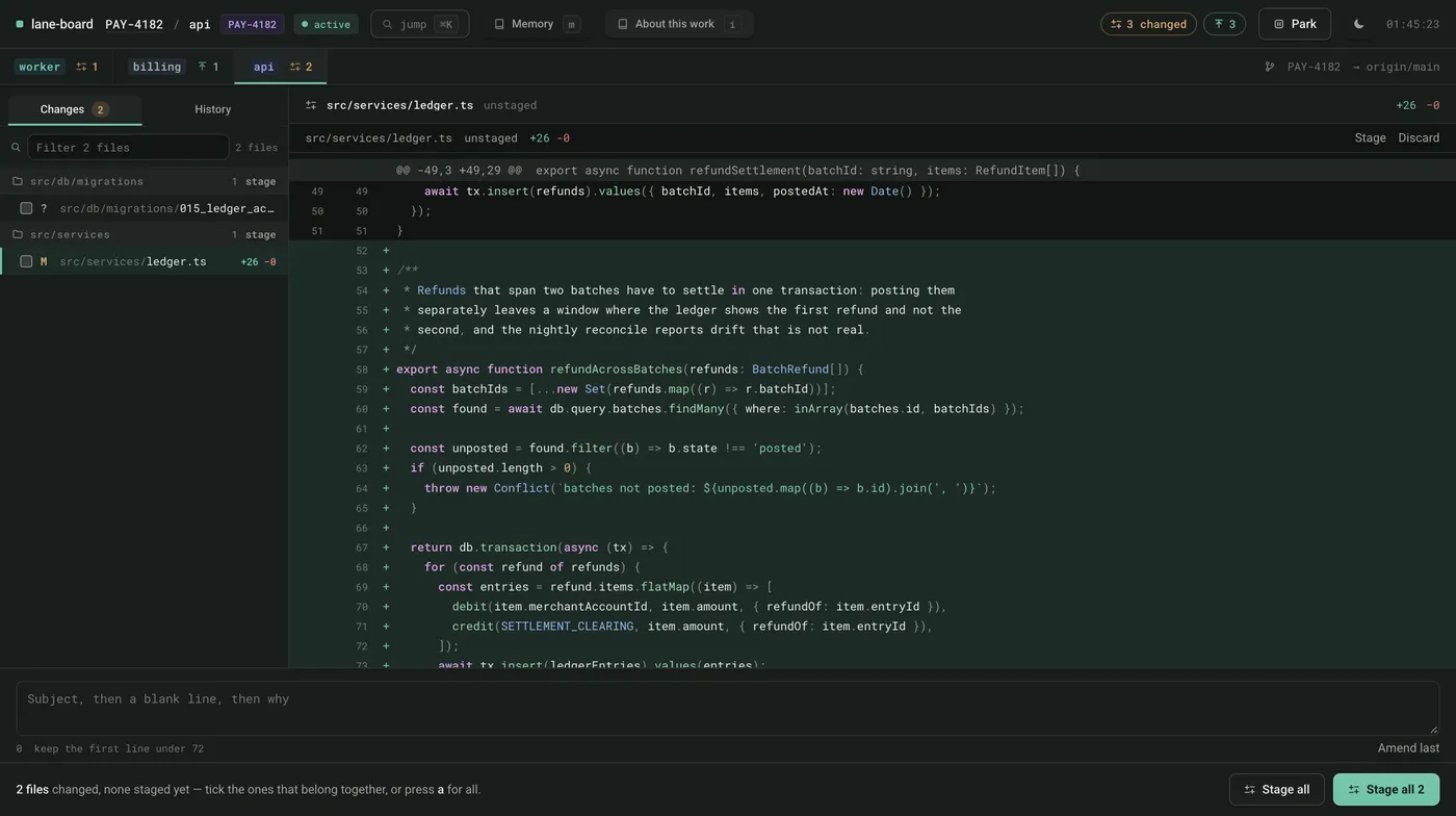 The Repolane board showing an unstaged diff in the api repo, with worker and billing-core in tabs alongside