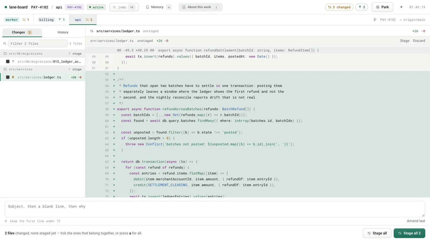 The Repolane board showing an unstaged diff in the api repo, with worker and billing-core in tabs alongside